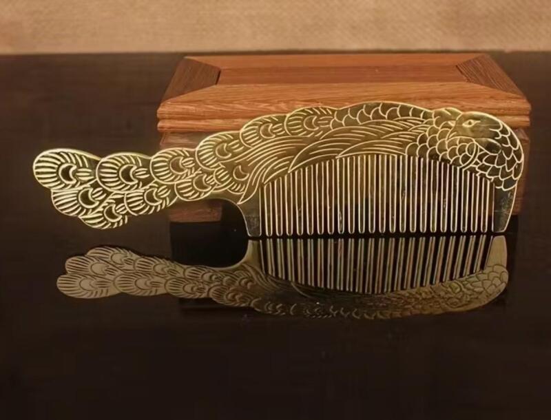 Pure Copper Hair Comb with Floral Engravings Peacock Approximately 5.6&rsquo;&rsquo; Stock photo added