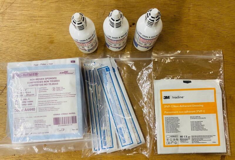New Assorted Medical Supplies, Includes 27x2 Non-Woven Sponges (4&rdquo; x 4&rdquo;), 4 x PVP-I Non-Adherent Dressing (3.75&rdquo; x 3.75&rdquo;), 3 x 118ml Sterile Saline 0.9%, Several Cotton Tipped Applicators
