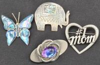 4 Beautiful Brooches - Elephant Stamped Alpaca Mexico & #1 Mom Stamped JJ
