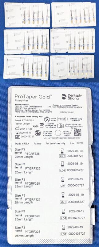 [Dentistry] 36 New DENTSPLY SIRONA ProTaper Gold Rotary Files : SIZE F3, #PTGRF325, 25MM LENGTH | EXP 2029 | 6 Packs of 6 Files Each