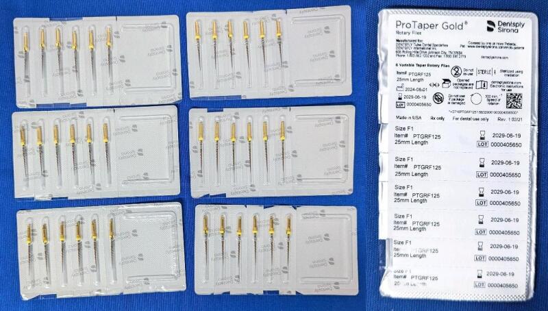 [Dentistry] 36 New DENTSPLY SIRONA ProTaper Gold Rotary Files : SIZE F1, #PTGRF125, 25MM LENGTH | EXP 2029 | 6 Packs of 6 Files Each