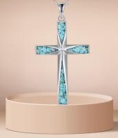 Stainless Steel Turquoise Mosaic Cross Pendant Cross 1.5&rsquo;&rsquo;. Chain 17&rsquo;&rsquo; 2&rsquo;&rsquo; extender