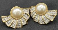 Vintage 1960&rsquo;s Butler Large Faux Pearl & Rhinestone Earrings - Clip-ons 1.4" Wide