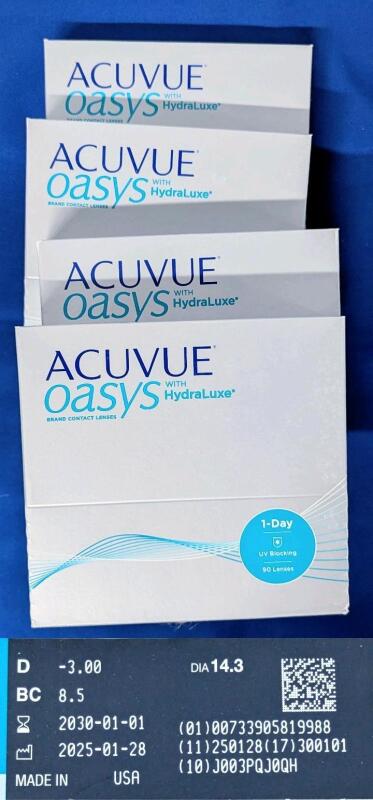 360 New ACUVUE Oasis Hydraluxe 1-Day Contact Lenses || D -3.00, DIA 14.3, BC 8.5 || 4 Sealed Packs, 90 Lenses Each | EXP 2030 | Over $400 Retail Value!!