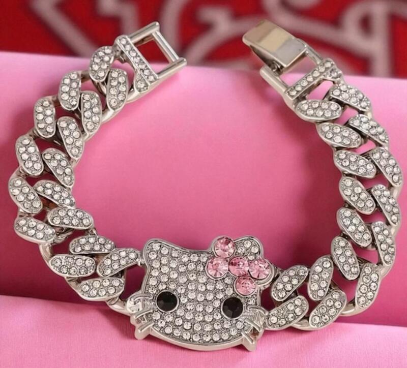 Sanrio Hello Kitty Cuban Link Bracelet Rhinestones 6.5&rsquo;&rsquo; length approximate Kitty with Pink Rhinestone Bow