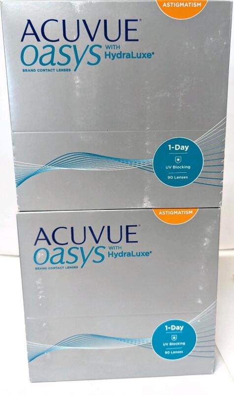 180 New ACUVUE Oasis Hydraluxe 1-Day ASTIGMATISM Contact Lenses || D -2.75, BC 8.5, CYL/AXIS -2.25 180, DIA 14.3 | D -2.75, BC 8.5, CYL/AXIS -1.75 180, DIA 14.3 | EXP 2029-2030 || 2 Sealed Packs, 90 Lenses Each | Over $200 Retail Value!!