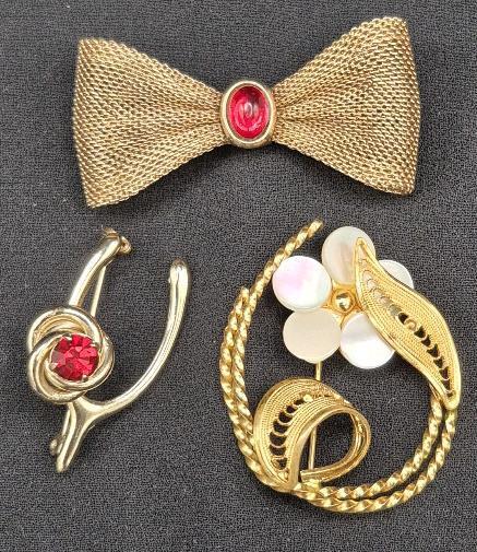 3 Vintage Brooches - Red Stones & Mother of Pearl - CORO Brooch Wish Bone with Red Stone