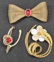 3 Vintage Brooches - Red Stones & Mother of Pearl - CORO Brooch Wish Bone with Red Stone
