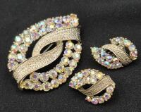 Vintage Goregous CORO Pegasus AB RhineStone Pin/Brooch & Earrings Set - Clip-ons