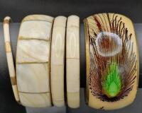 5 Vintage Chunky Bangles - Lucite Acrylic & Brass Peacock Feather Bangle + Mother of Pearl Inlay