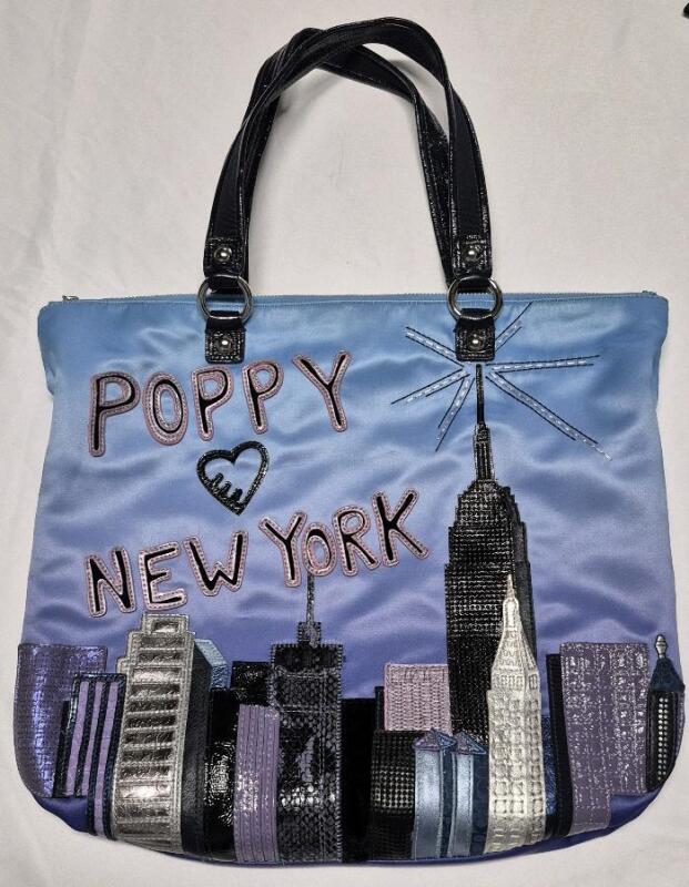 Coach Poppy NYC Destination Ombre Blue Satin Leather Skyline Glam Tote Bag 15 by 14"