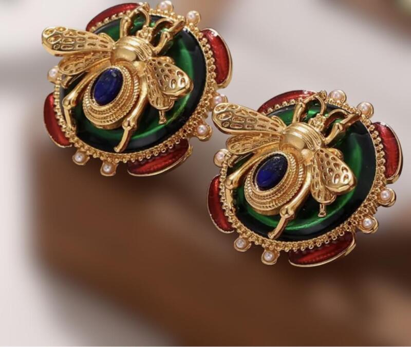 Enamel Bee Earrings with Inlaid Faux Pearls and Turquoise Mosaic Vintage Bohemian Style Post Backs Marked 925 Sterling Pierced 1&rsquo;&rsquo; round 18K Gold Plated Dimenstional