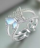 Marked 925S Sterling Silver Butterfly Ring Clear Stones on Double Band Inlaid Synthetic Moonstone Wings Size 10 Detailed Back Butterfly