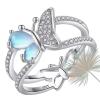 Marked 925S Sterling Silver Butterfly Ring Clear Stones on Double Band Inlaid Synthetic Moonstone Wings Size 10 Detailed Back Butterfly - 3