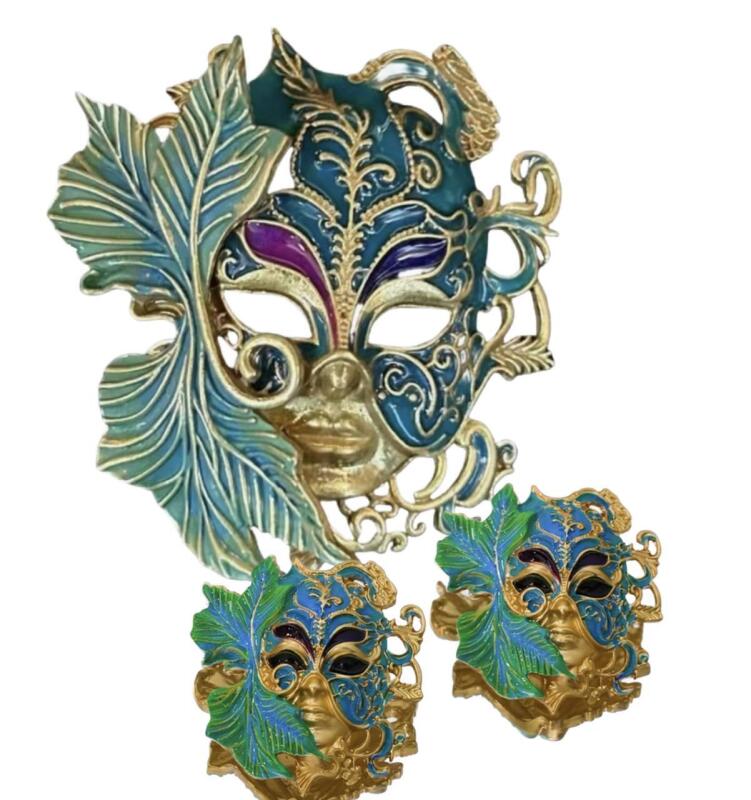 Stunning Vintage Inspired Enamel Mask Pendant Brooch with Pierced Earrings Brooch approximately 2.5&rsquo;&rsquo; Earrings post back 1.25&rsquo;&rsquo; see description
