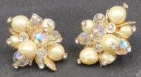 Vintage Vendome Faux Pearl Art Glass Rhinestone Earrings Screw Backs 1.15" Long