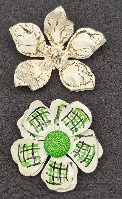 2 Lovely Vintage Metal Enamel Floral Brooches - Green Brooch Made in Germany 2.75" & 3.15" Diameters