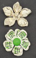 2 Lovely Vintage Metal Enamel Floral Brooches - Green Brooch Made in Germany 2.75" & 3.15" Diameters