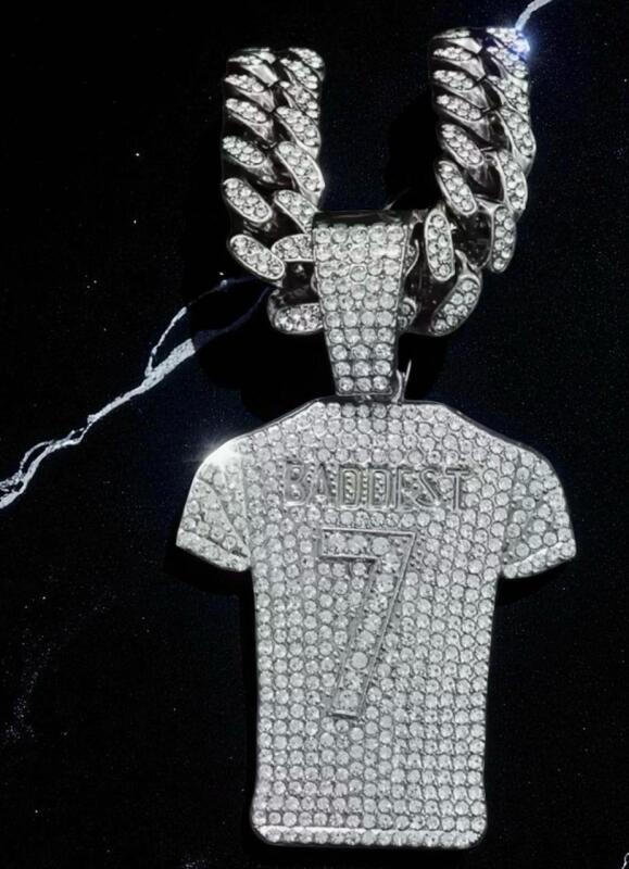 Iced Out Miami Cuban Chain Necklace with "BADDEST" & Number 7 Design Sparkling Rhinestones Pendant Chain approximately 19.5&rsquo;&rsquo; Pendant 2 x2&rsquo;&rsquo;