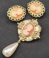 Vintage Shell Carved Cameo Brooch & Earring Set - Clip-ons
