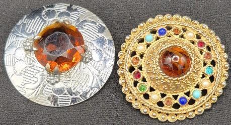 Beautiful Vintage Brooches - Mizpah Scottish Thistle Pattern with Amber Style Stone 1.75" Diameters