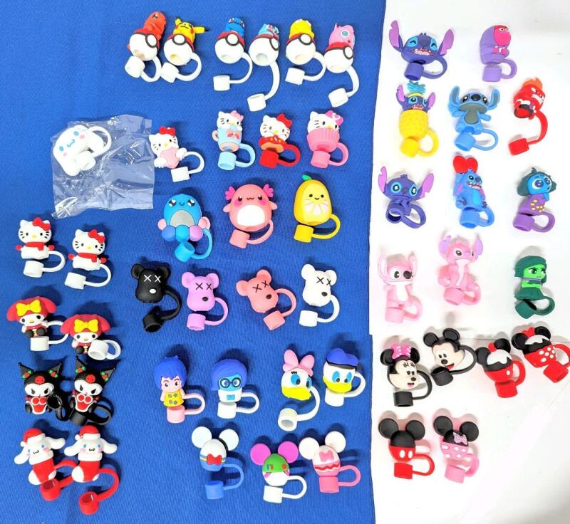 50 New Silicone Straw-Caps : Pokemon, Sanrio, Inside Out, Stitch, Squishmallow, Disney, Bear Heads - Fits Most Standard-Size Straws (Reusable & Disposable)