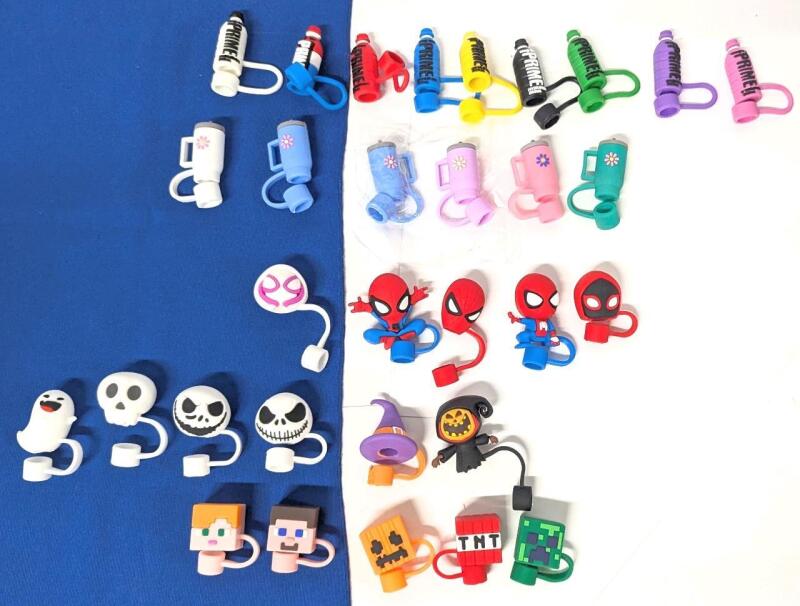 31 New Silicone Straw-Caps : Prime, Stanley Cups, Spider-Man, Halloween & Minecraft - Fits Most Standard-Size Straws (Reusable & Disposable)