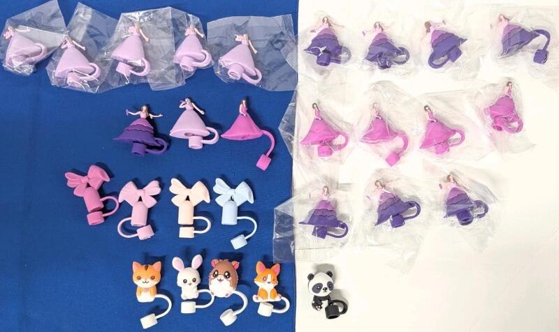 28 New Silicone Straw-Caps : Princesses, Bows & Adorable Critters - Fits Most Standard-Size Straws (Reusable & Disposable)