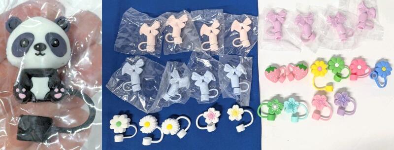 28 New Silicone Straw-Caps : Chunky Daisies & Flowers, Strawberries & Bows + Panda - Fits Most Standard-Size Straws (Reusable & Disposable)