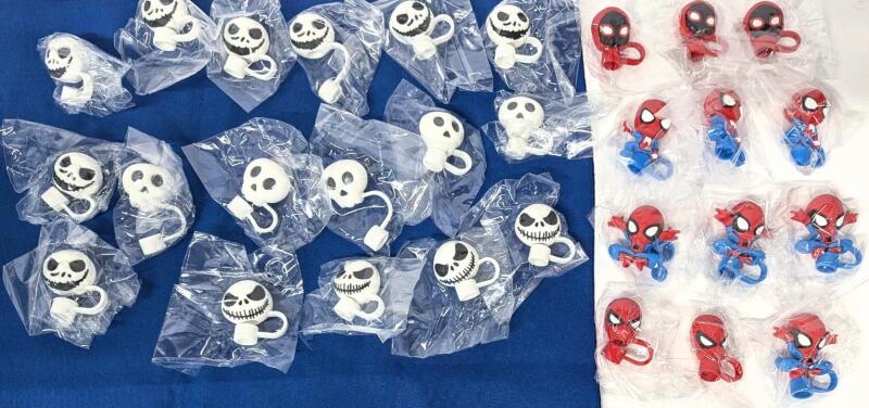 28 New Silicone Straw-Caps : Spider-Man & Skeleton / Jack Skellongton - Fits Most Standard-Size Straws (Reusable & Disposable)