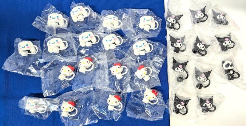 28 New Silicone Straw-Caps : Sanrio Characters (Hello Kitty, Kutomi, Cinnamoroll) & Random Panda - Fits Most Standard-Size Straws (Reusable & Disposable)