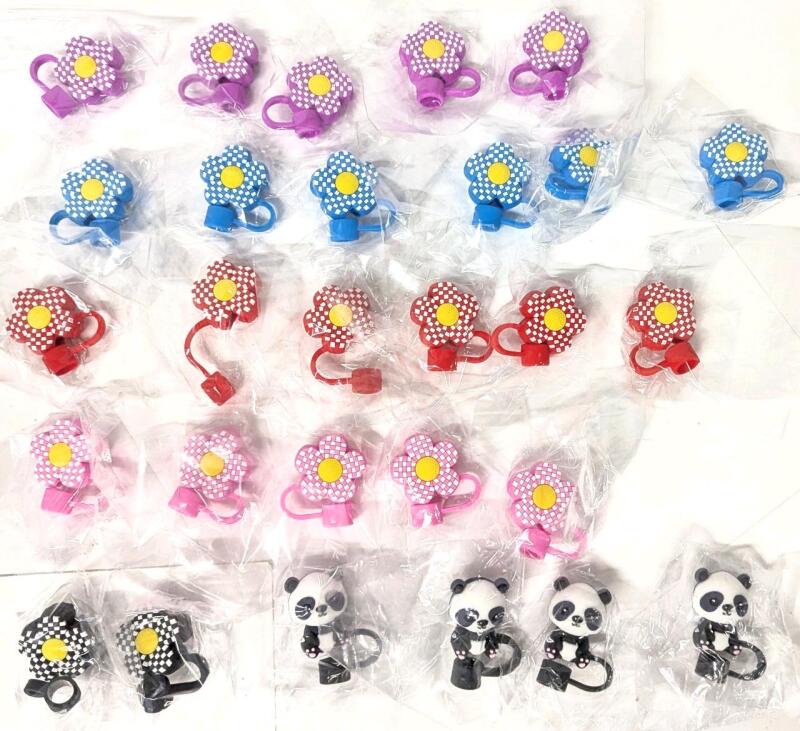 28 New Silicone Straw-Caps : Checkered Daisy Flowers & Panda Bears - Fits Most Standard-Size Straws (Reusable & Disposable)