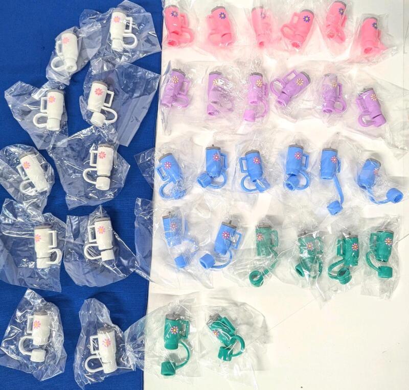 36 New Silicone Straw-Caps : Stanley-Cup / Hydrate-Themed - Fits Most Standard-Size Straws (Reusable & Disposable)