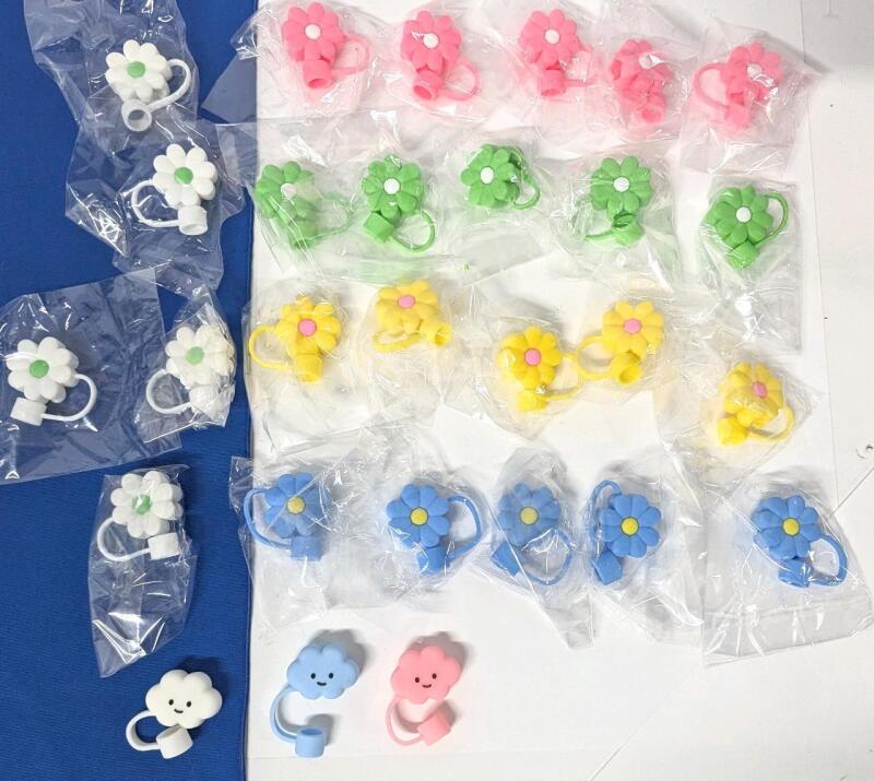 36 New Silicone Straw-Caps : Chunky Daisy Flowers & Smiley-Face Clouds - Fits Most Standard-Size Straws (Reusable & Disposable)