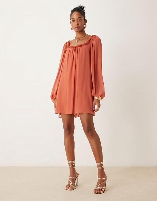 New ASOS DESIGN Ruffle Neck Mini Smock Dress in Rust