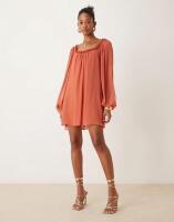 New ASOS DESIGN Ruffle Neck Mini Smock Dress in Rust