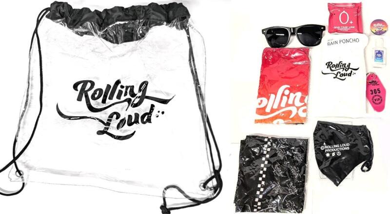 New ROLLING LOUD Productions Miami VIP Festival / Concert Survival Kit : Clear Backpack, Sunglasses, One-Time Use Emergency Charger, POP Socket, Bandana, Disposable Rain Poncho, Mask, Hotel-Style Keychain, Sanitizer +