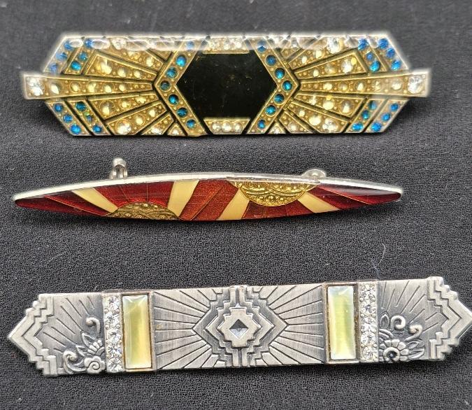 3 Vintage Enamel & Rhinestone Brooches 2.5" to 2.75" Long Signed