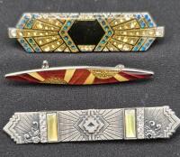 3 Vintage Enamel & Rhinestone Brooches 2.5" to 2.75" Long Signed
