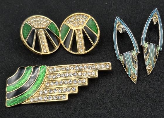 Vintage Enamel & Rhinestone Earrings & Brooch 2.25" Long