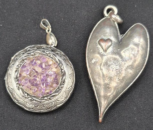 Amethyst Locket Pendant 1.75" Diameter & Heart Pendant 2.75" Long