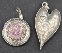 Amethyst Locket Pendant 1.75" Diameter & Heart Pendant 2.75" Long