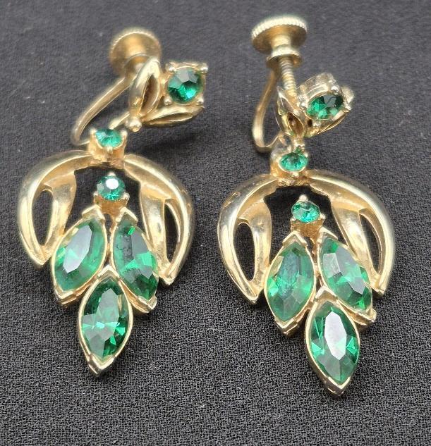 Vintage Coro Green Stone Earrings 2" Long Screw Backs