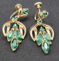 Vintage Coro Green Stone Earrings 2" Long Screw Backs