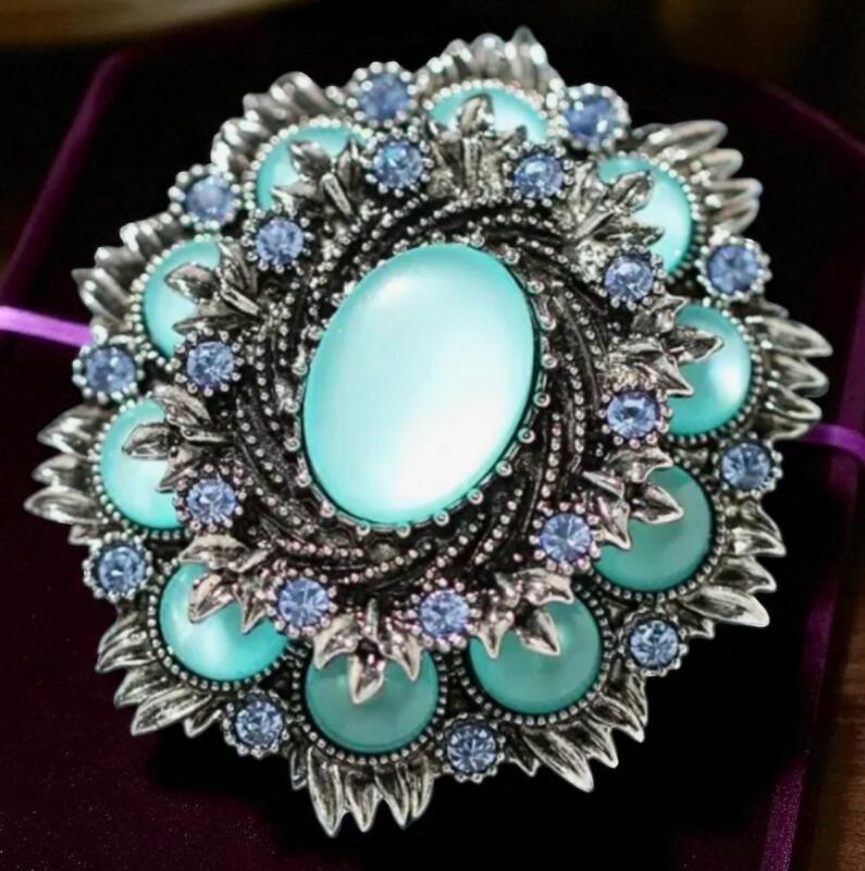 Vintage High-end Retro Inspired Brooch Elegant Blue Opal Coloured Cab Sapphire Blue Rhinestones approximately 2 inch
