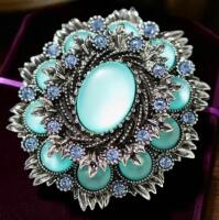 Vintage High-end Retro Inspired Brooch Elegant Blue Opal Coloured Cab Sapphire Blue Rhinestones approximately 2 inch