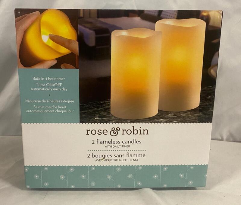 2 As-New Rose & Robin Flameless Candles with Timer
