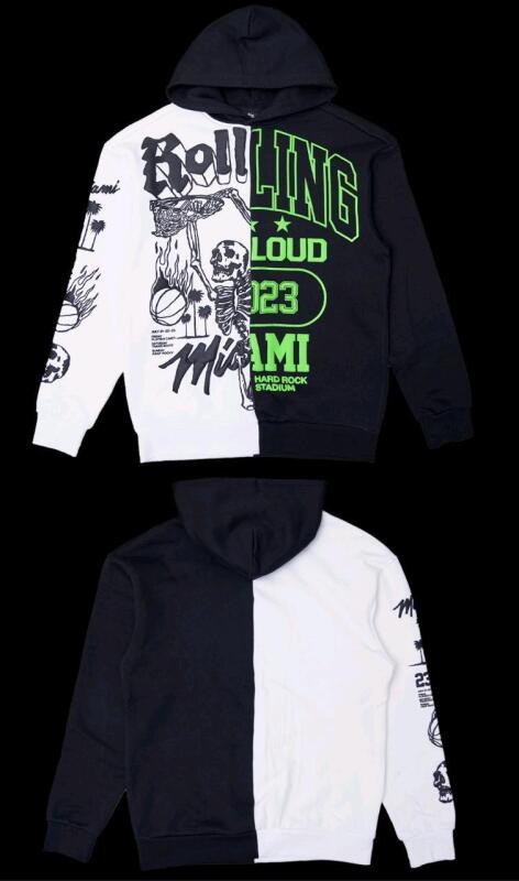 New Size XL Men's ROLLING LOUD Official Miami 2023 Show Double Trouble Split Black & White Hoodie | Retails Over $130!