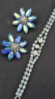 Beautiful Vintage Shades of Blue Rhinestones Earrings 1.5" Diameter & Bracelet 7" Long
