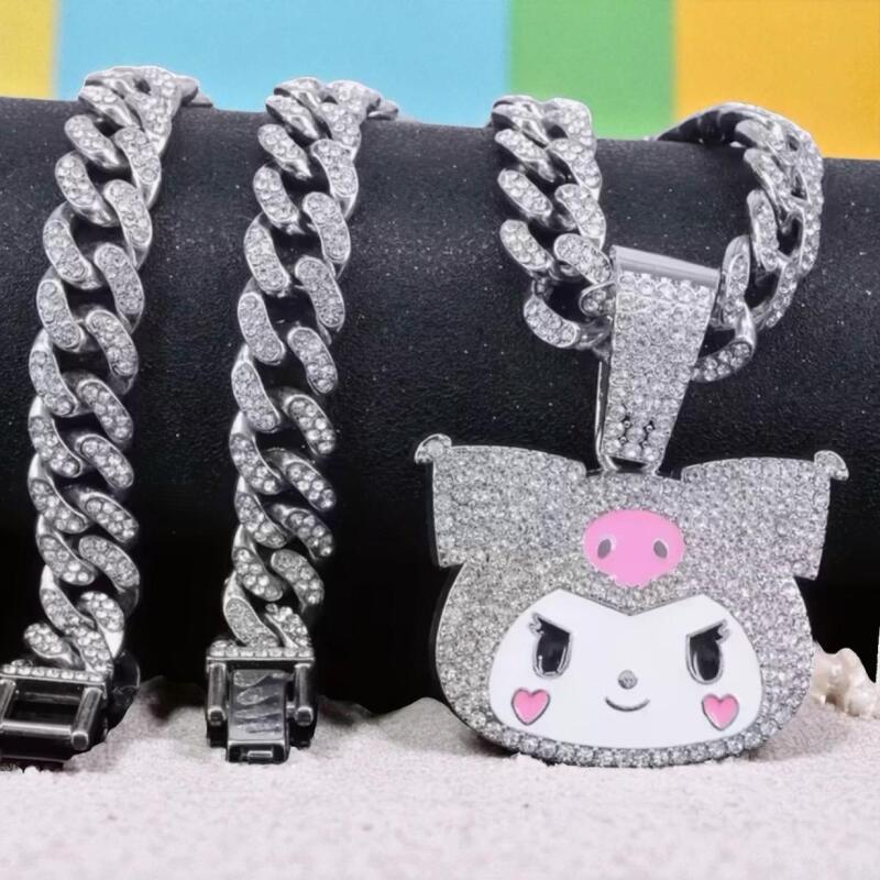 Sanrio Hello Kitty & Kuromi Iced Out Cuban Link Necklace with Pendant Large Iced Bale Pendant 2 x 1.4&rsquo;&rsquo; Chain 19&rsquo;&rsquo; approximate